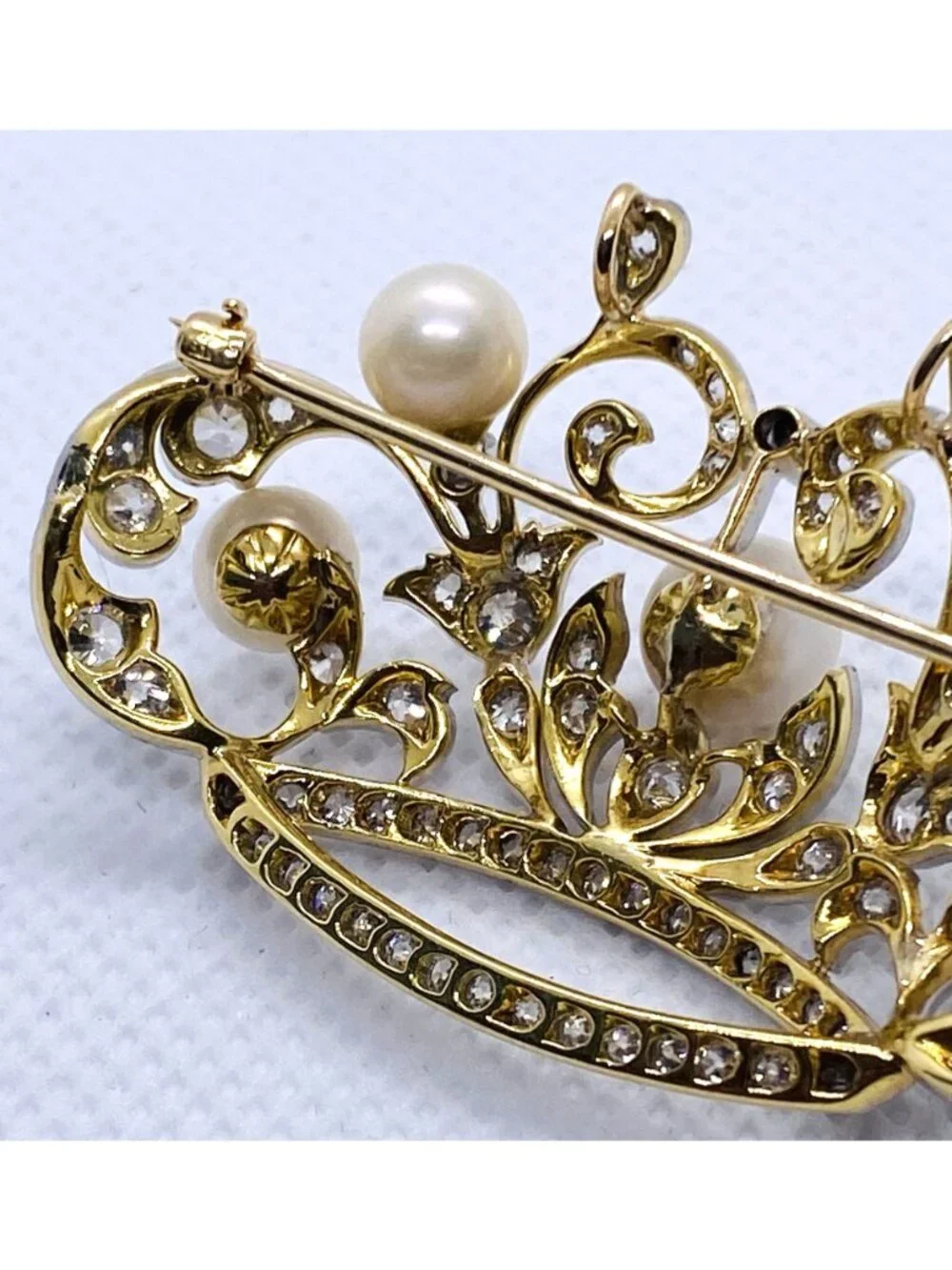 Platinum 950 18K Yellow Gold Pearl & Diamond Tiara Brooch
